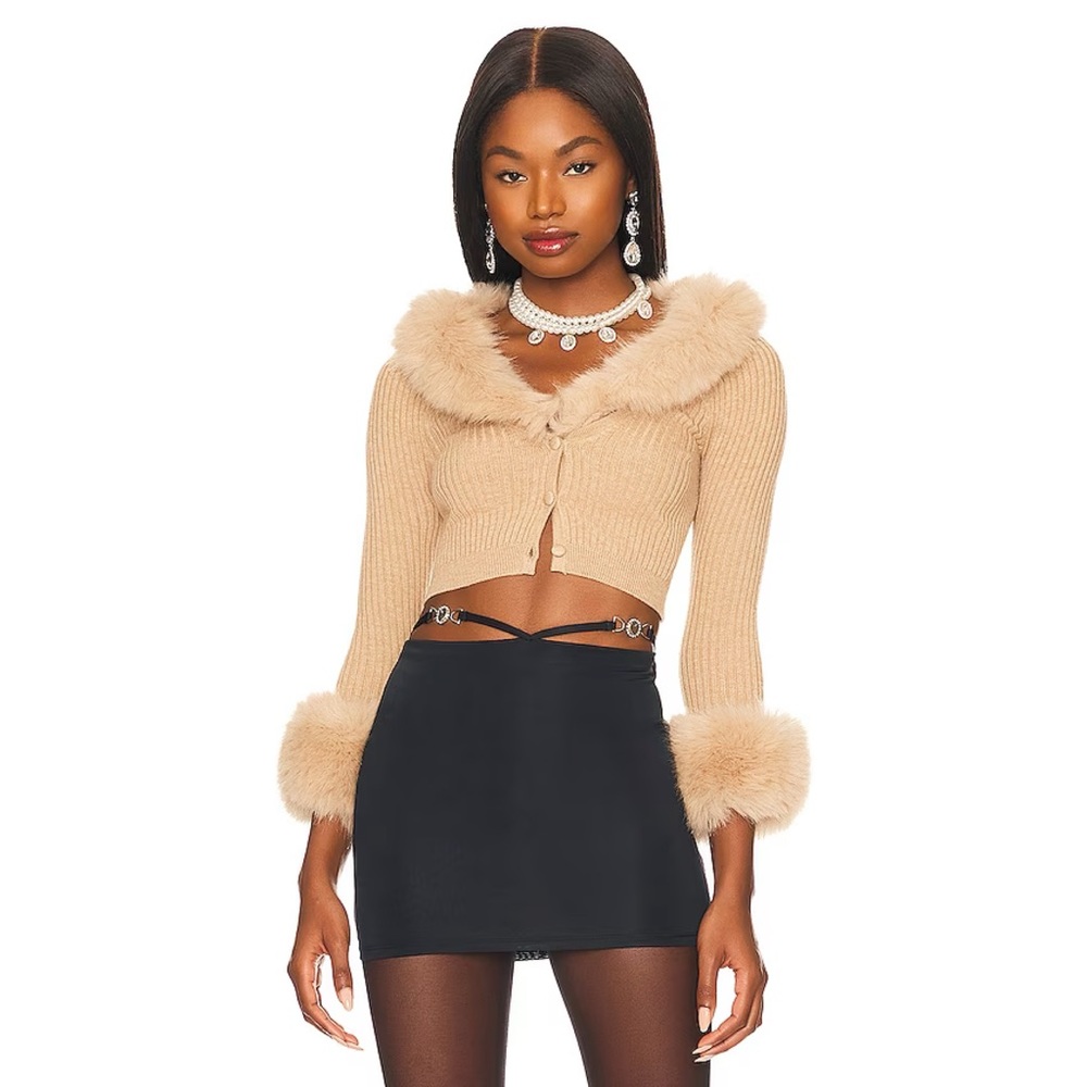 Lovers and Friends Marion Fur Cropped Camel Cardigan  Sweater Sz XXS